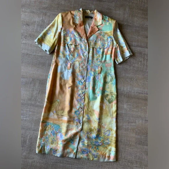 Vtg Louis Feraud 100% Silk Midi Dress Abstract Wearable Artsy sz 10 Belted Boho - Picture 10 of 16